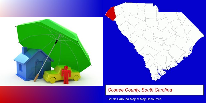 types of insurance; Oconee County, South Carolina highlighted in red on a map