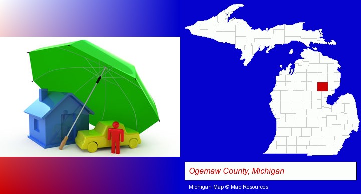 types of insurance; Ogemaw County, Michigan highlighted in red on a map
