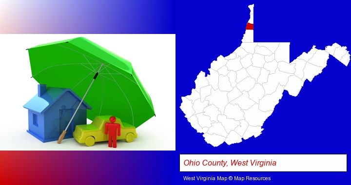types of insurance; Ohio County, West Virginia highlighted in red on a map