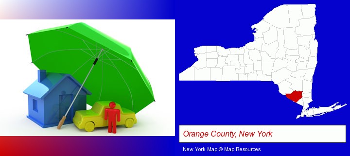 types of insurance; Orange County, New York highlighted in red on a map