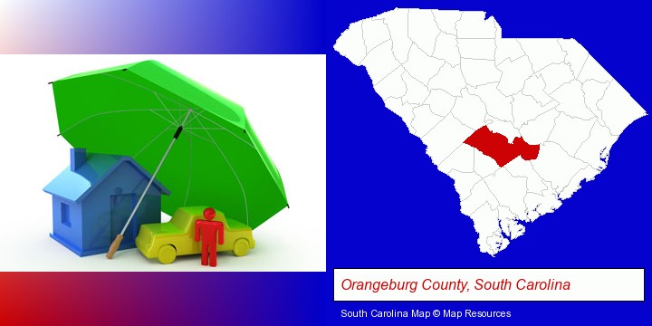 types of insurance; Orangeburg County, South Carolina highlighted in red on a map