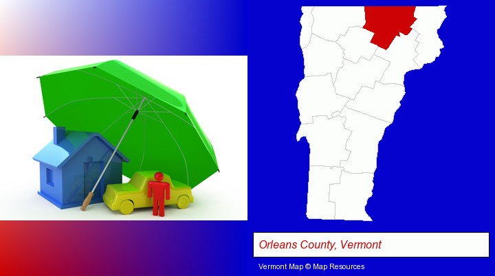 types of insurance; Orleans County, Vermont highlighted in red on a map