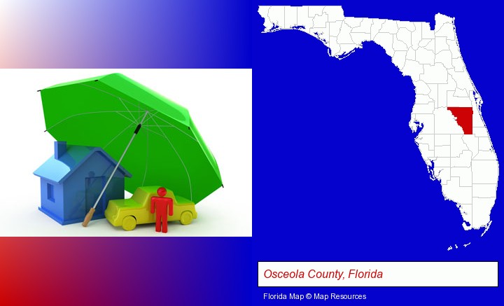 types of insurance; Osceola County, Florida highlighted in red on a map