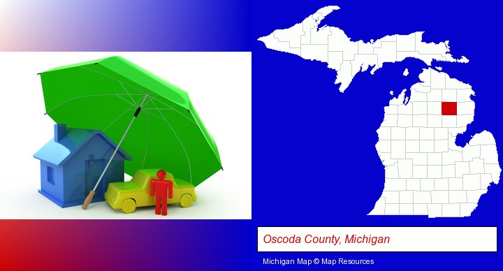 types of insurance; Oscoda County, Michigan highlighted in red on a map