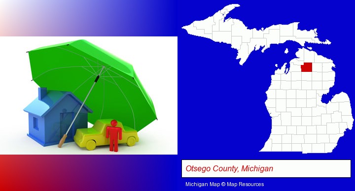 types of insurance; Otsego County, Michigan highlighted in red on a map