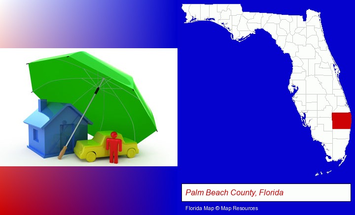 types of insurance; Palm Beach County, Florida highlighted in red on a map
