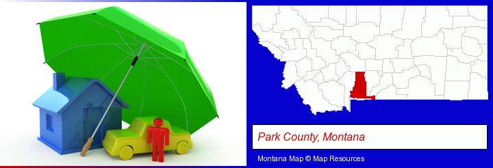 types of insurance; Park County, Montana highlighted in red on a map