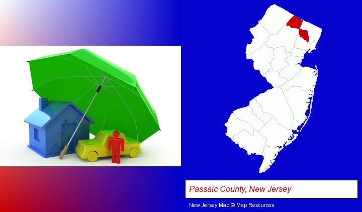 types of insurance; Passaic County, New Jersey highlighted in red on a map