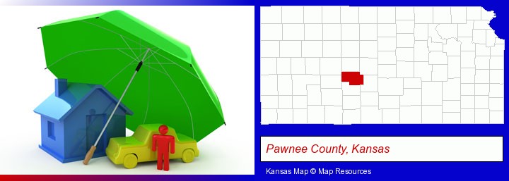 types of insurance; Pawnee County, Kansas highlighted in red on a map