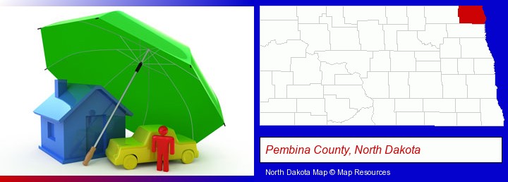 types of insurance; Pembina County, North Dakota highlighted in red on a map