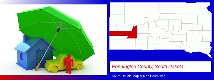 types of insurance; Pennington County, South Dakota highlighted in red on a map
