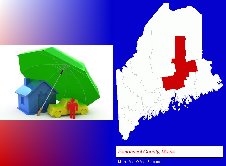 types of insurance; Penobscot County, Maine highlighted in red on a map