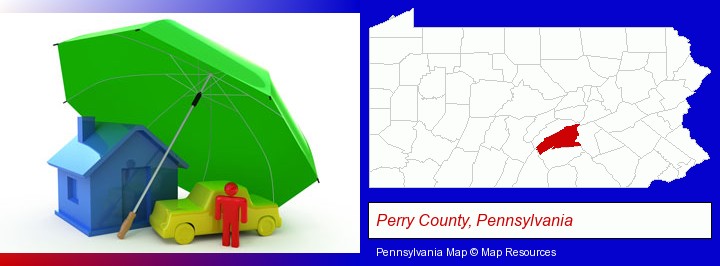 types of insurance; Perry County, Pennsylvania highlighted in red on a map