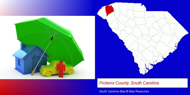 types of insurance; Pickens County, South Carolina highlighted in red on a map