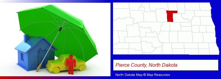 types of insurance; Pierce County, North Dakota highlighted in red on a map