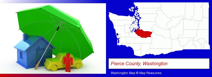 types of insurance; Pierce County, Washington highlighted in red on a map