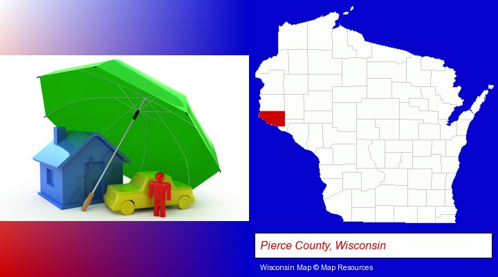 types of insurance; Pierce County, Wisconsin highlighted in red on a map