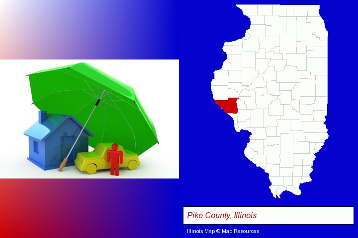 types of insurance; Pike County, Illinois highlighted in red on a map