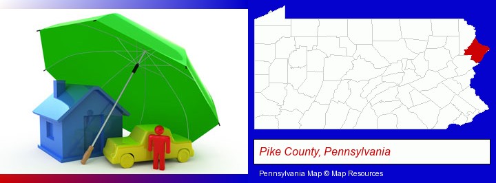 types of insurance; Pike County, Pennsylvania highlighted in red on a map