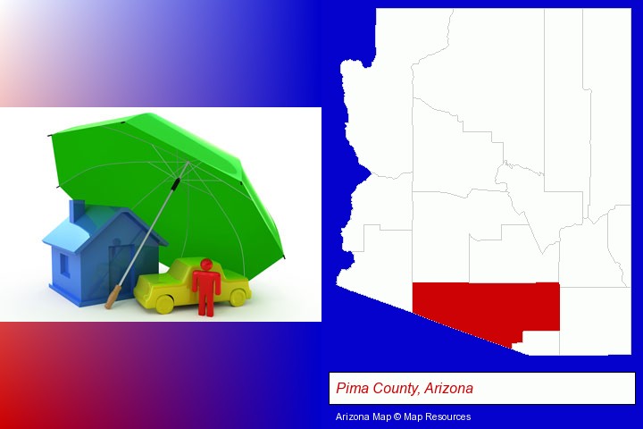 types of insurance; Pima County, Arizona highlighted in red on a map