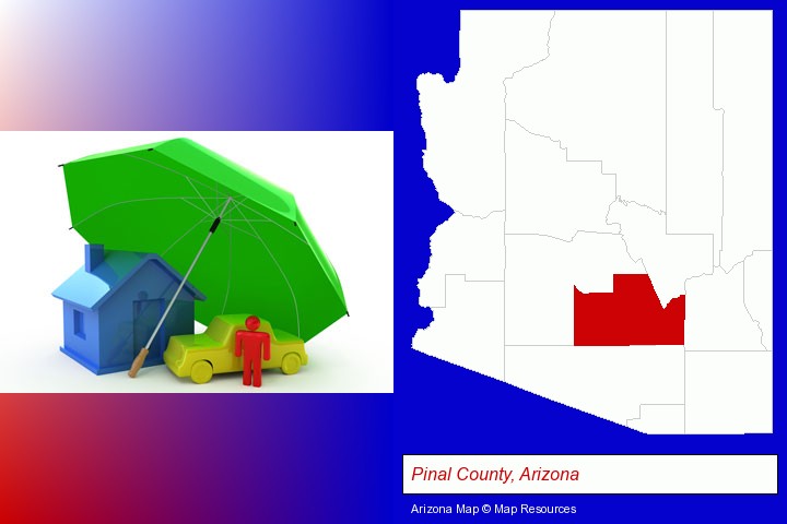 types of insurance; Pinal County, Arizona highlighted in red on a map