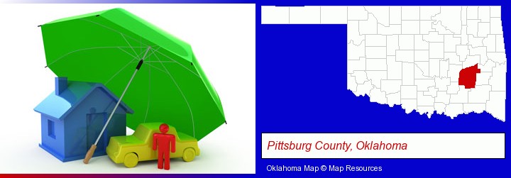 types of insurance; Pittsburg County, Oklahoma highlighted in red on a map