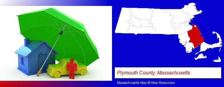 types of insurance; Plymouth County, Massachusetts highlighted in red on a map