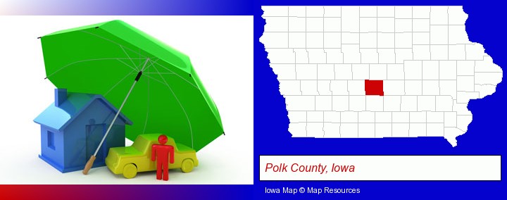 types of insurance; Polk County, Iowa highlighted in red on a map