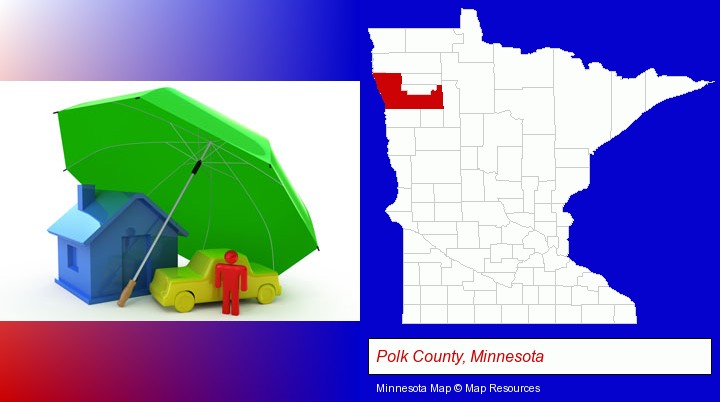 types of insurance; Polk County, Minnesota highlighted in red on a map