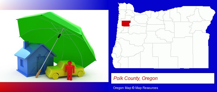 types of insurance; Polk County, Oregon highlighted in red on a map