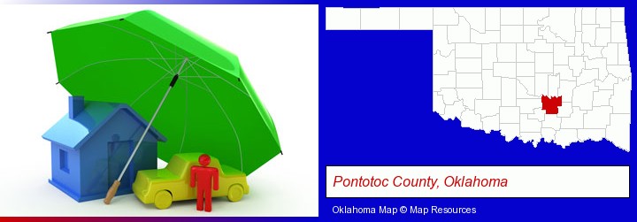 types of insurance; Pontotoc County, Oklahoma highlighted in red on a map