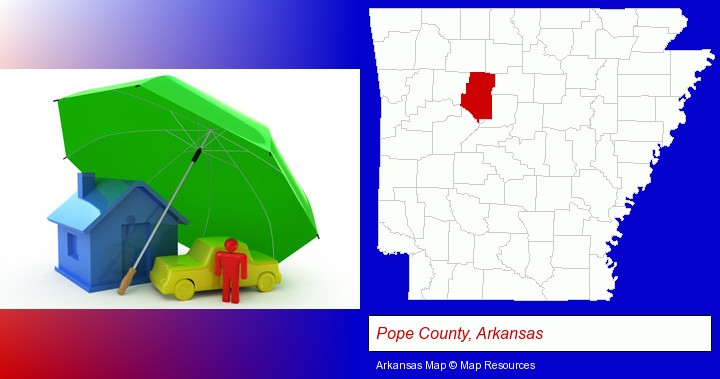 types of insurance; Pope County, Arkansas highlighted in red on a map