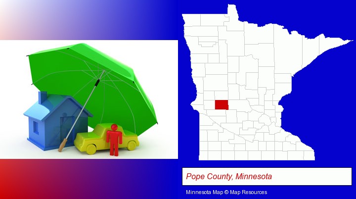 types of insurance; Pope County, Minnesota highlighted in red on a map