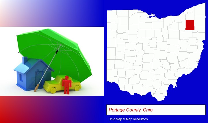 types of insurance; Portage County, Ohio highlighted in red on a map