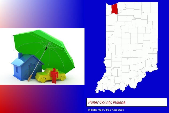 types of insurance; Porter County, Indiana highlighted in red on a map