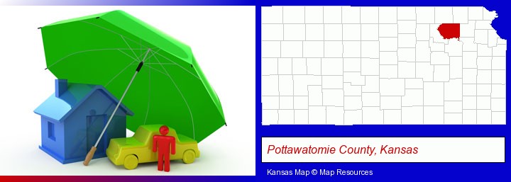 types of insurance; Pottawatomie County, Kansas highlighted in red on a map