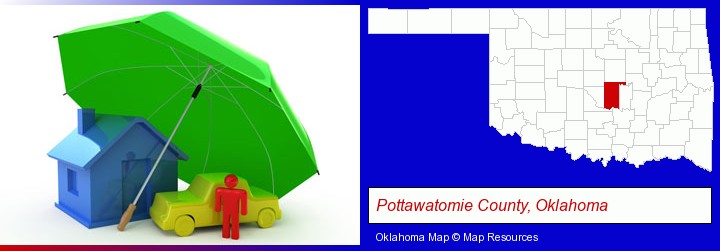 types of insurance; Pottawatomie County, Oklahoma highlighted in red on a map