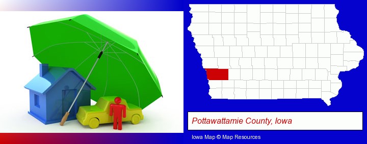 types of insurance; Pottawattamie County, Iowa highlighted in red on a map