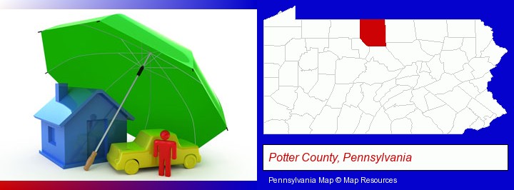 types of insurance; Potter County, Pennsylvania highlighted in red on a map