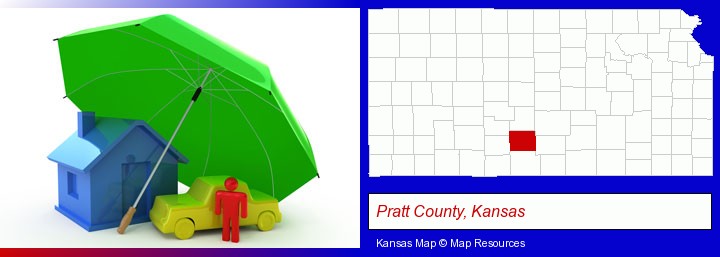 types of insurance; Pratt County, Kansas highlighted in red on a map