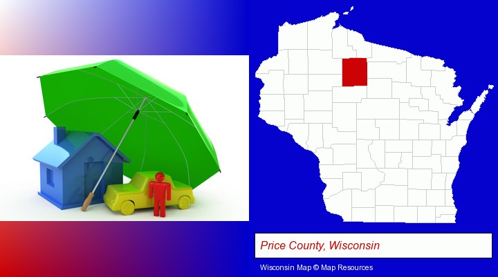 types of insurance; Price County, Wisconsin highlighted in red on a map