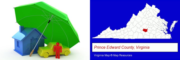 types of insurance; Prince Edward County, Virginia highlighted in red on a map