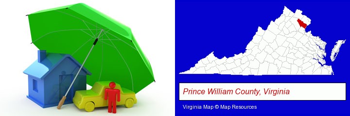 types of insurance; Prince William County, Virginia highlighted in red on a map