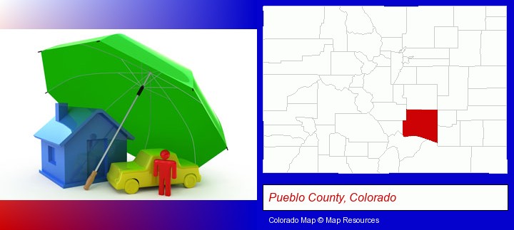 types of insurance; Pueblo County, Colorado highlighted in red on a map