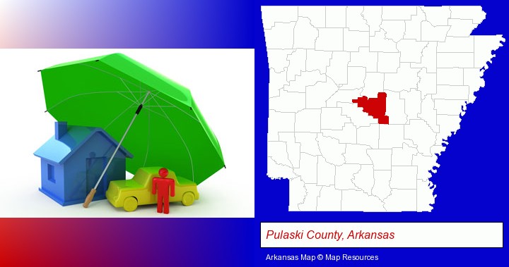 types of insurance; Pulaski County, Arkansas highlighted in red on a map