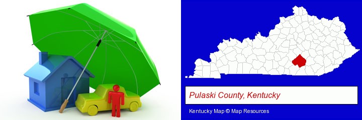 types of insurance; Pulaski County, Kentucky highlighted in red on a map