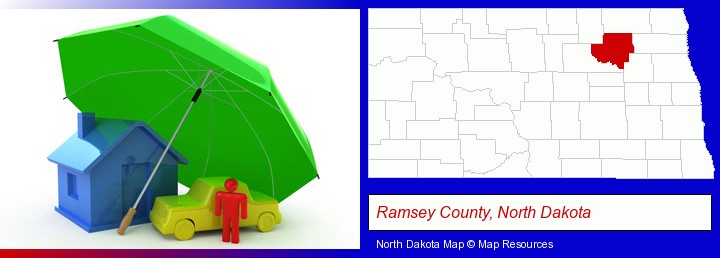 types of insurance; Ramsey County, North Dakota highlighted in red on a map