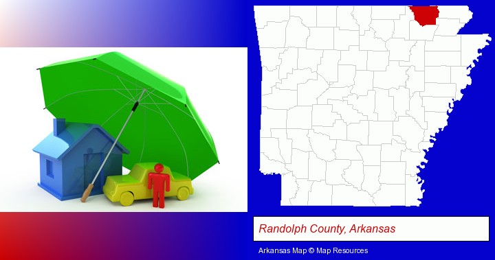 types of insurance; Randolph County, Arkansas highlighted in red on a map