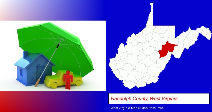 types of insurance; Randolph County, West Virginia highlighted in red on a map
