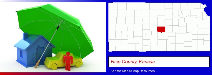types of insurance; Rice County, Kansas highlighted in red on a map